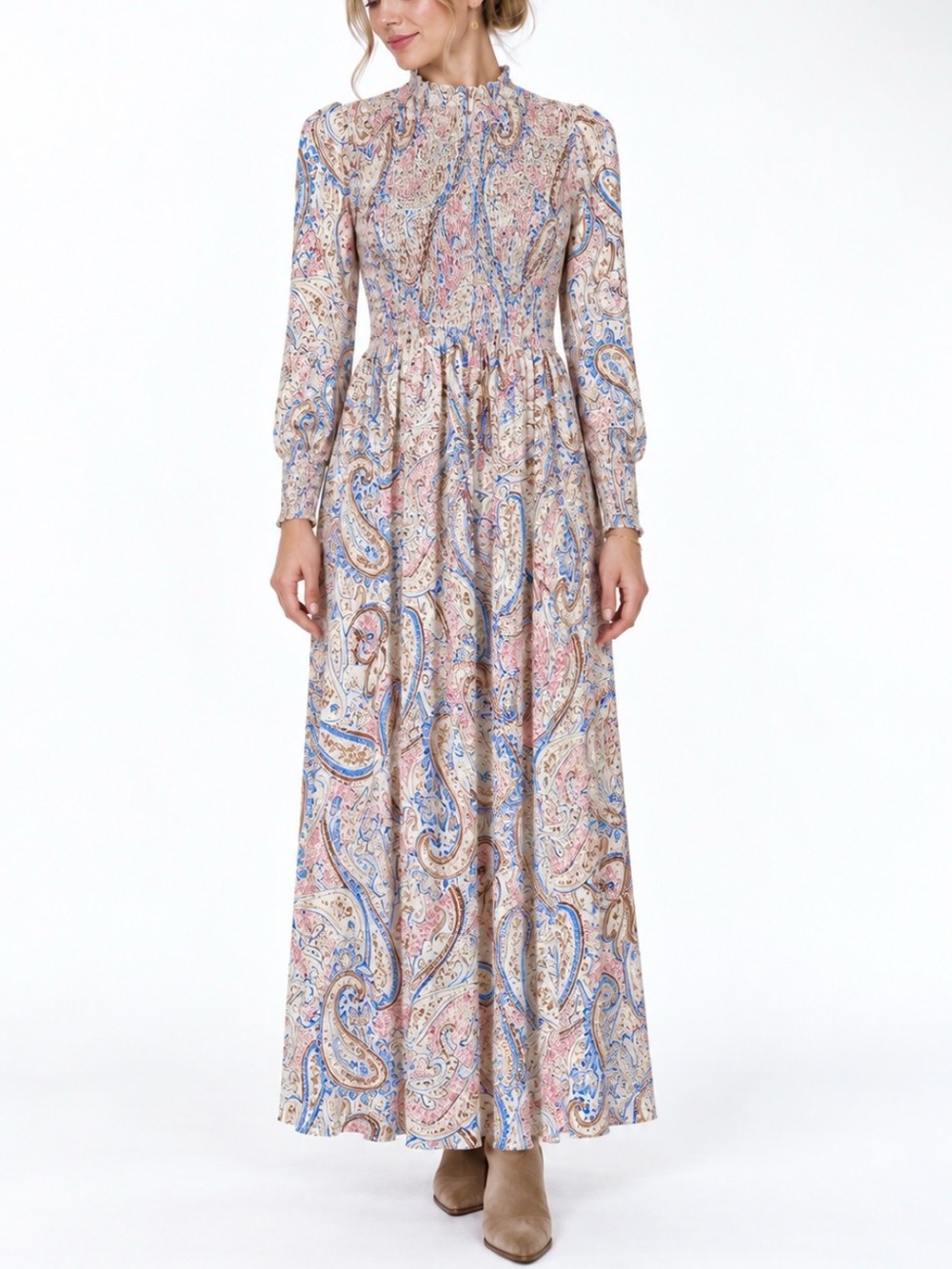 Cottagecore Boho Paisley Smocked Ruffle High Neck Maxi Dress Victorian Prairie S